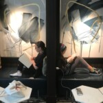 Ella and I doing school in the hotel lobby